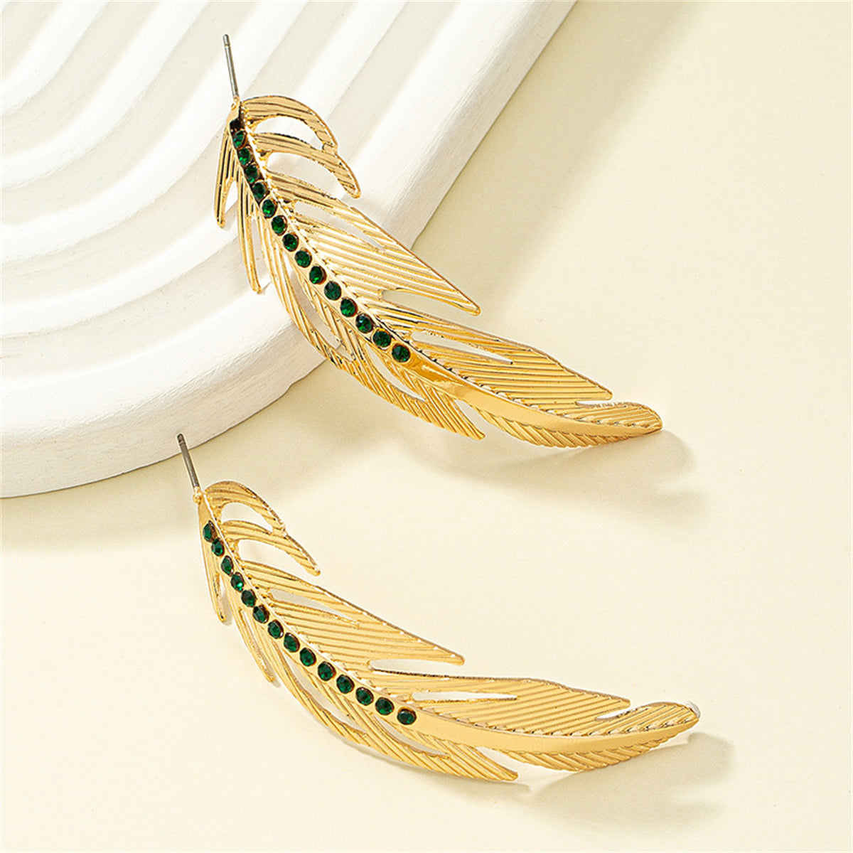 Black Cubic Zirconia and 18K Gold-Plated Feather Drop Earrings, gold drop earrings for women, side view