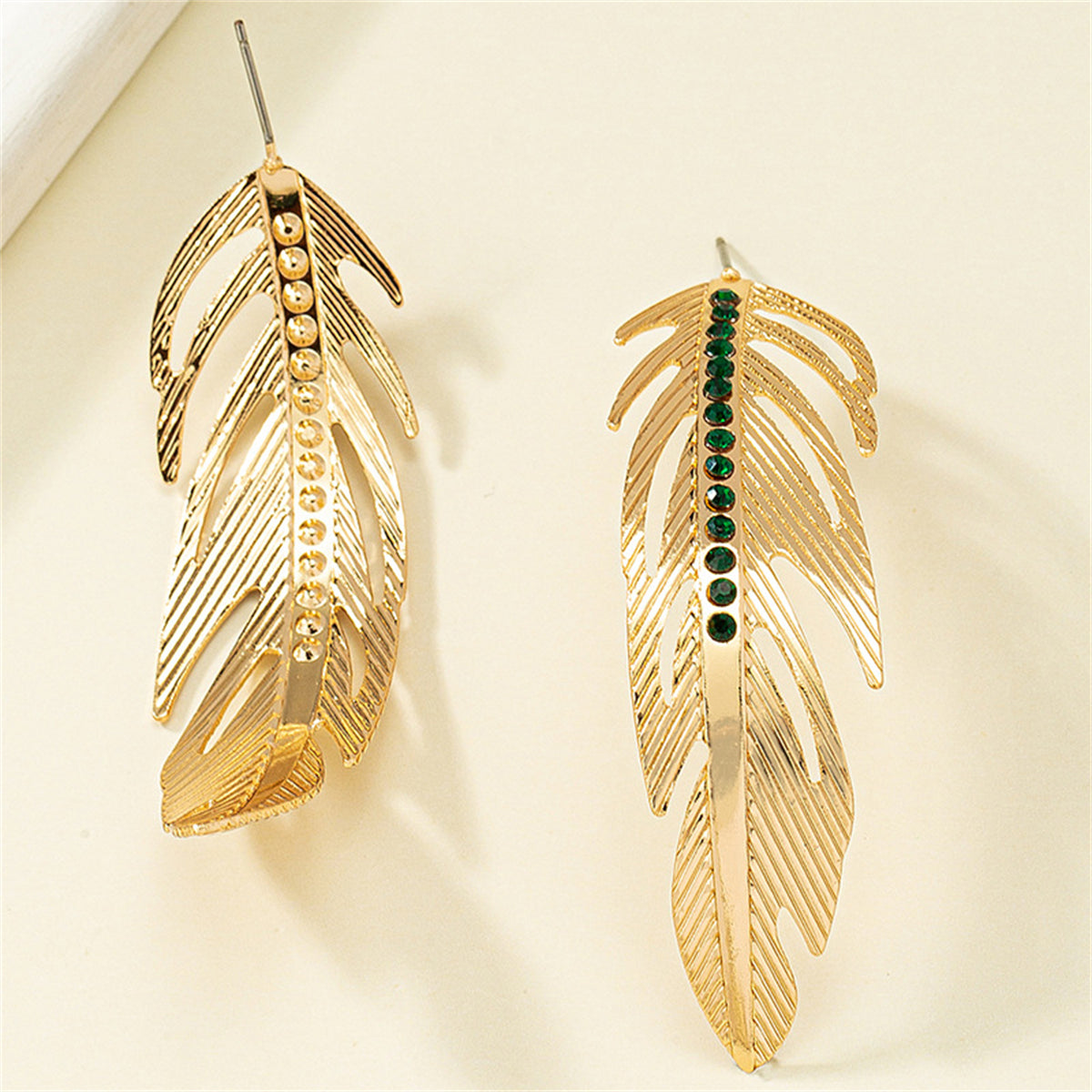 Black Cubic Zirconia and 18K Gold-Plated Feather Drop Earrings, gold drop earrings for women, detail close-up