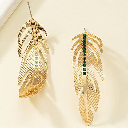 Black Cubic Zirconia and 18K Gold-Plated Feather Drop Earrings, gold drop earrings for women, detail close-up
