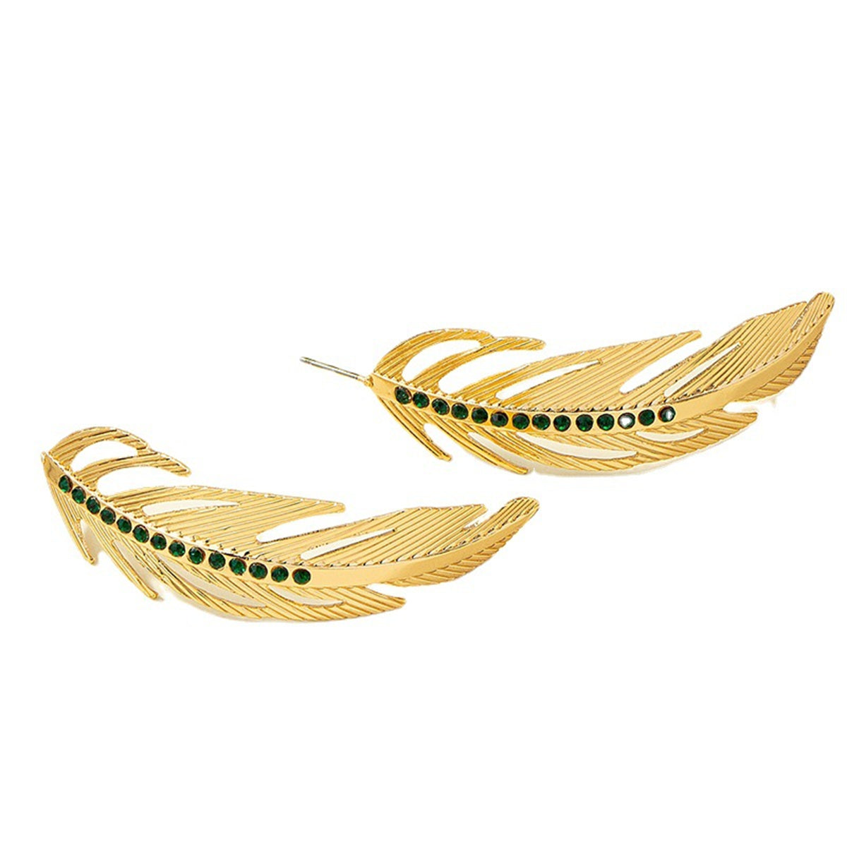 Black Cubic Zirconia and 18K Gold-Plated Feather Drop Earrings, gold drop earrings for women, front view
