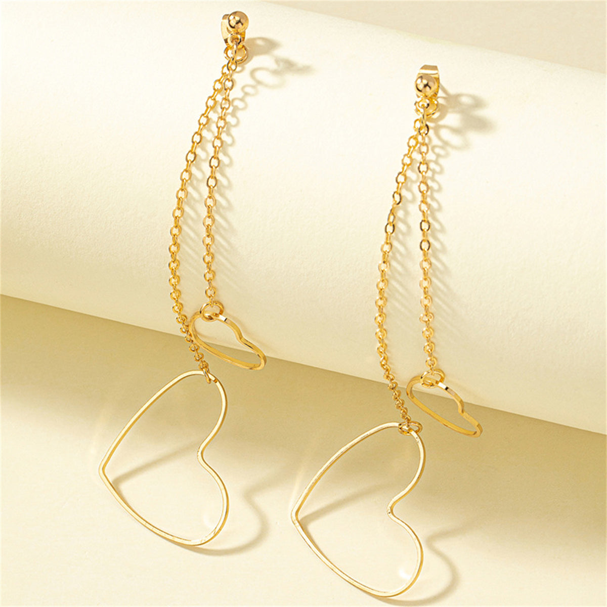 18K Gold-Plated Openwork Heart Chain Ear Jackets, gold drop earrings for women, dainty minimalist design, detail close-up