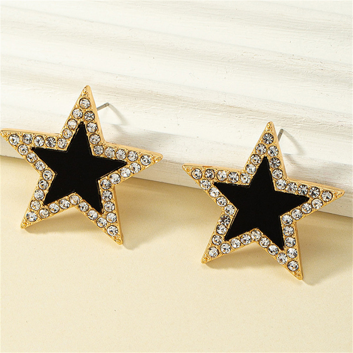 Cubic Zirconia & Black Acrylic 18K Gold-Plated Star Stud Earrings