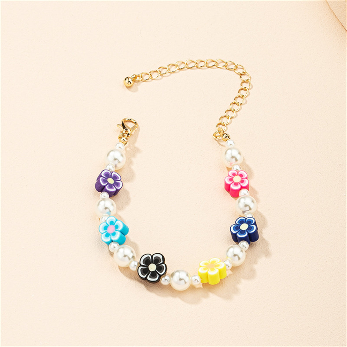 Blue Mulitcolor Polymer Clay & Pearl 18K Gold-Plated Flower Station Bracelet