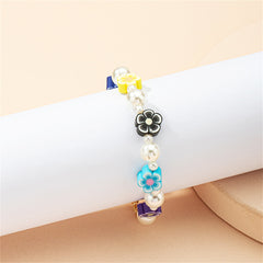 Blue Mulitcolor Polymer Clay & Pearl 18K Gold-Plated Flower Station Bracelet