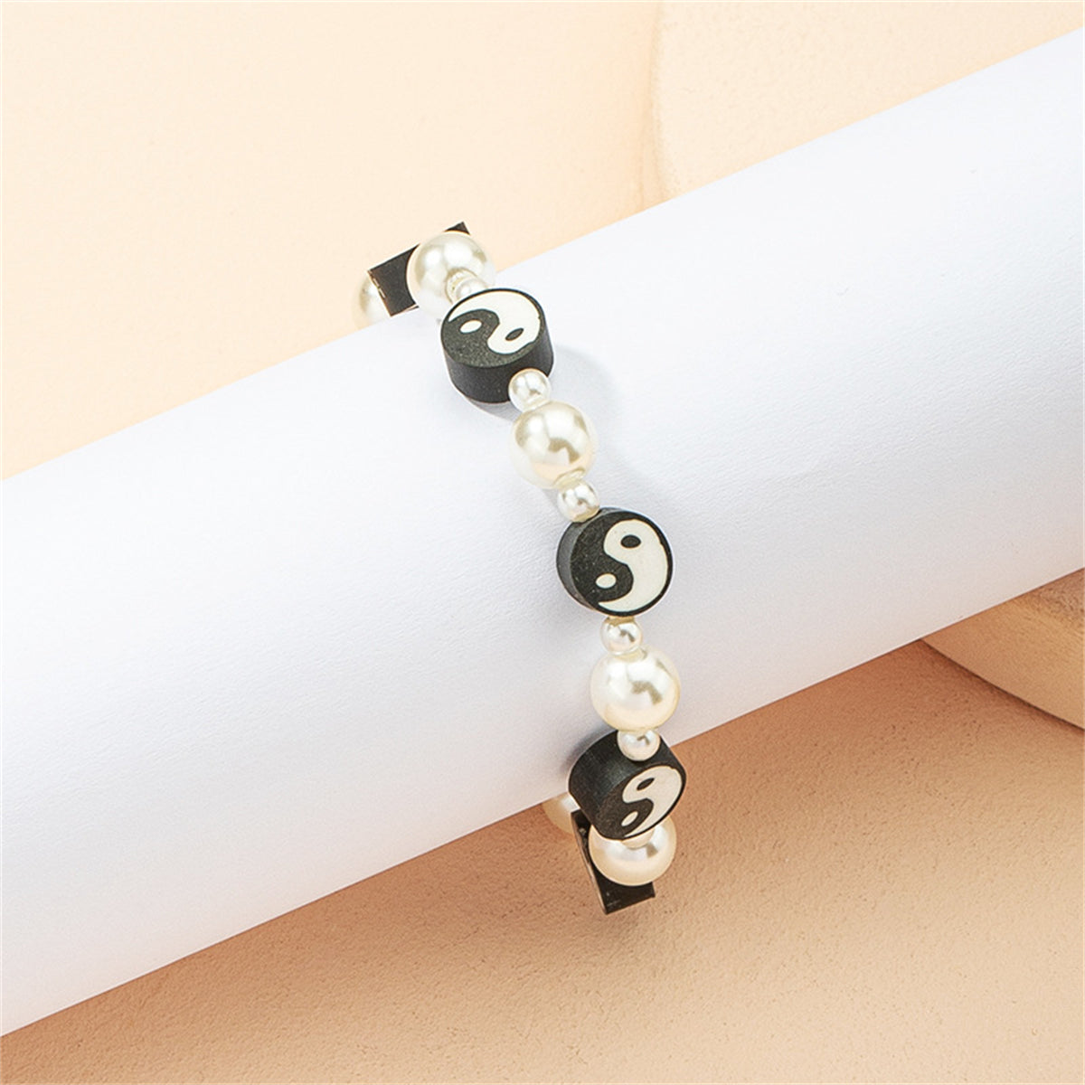 Black Polymer Clay and Pearl Yin Yang Station Bracelet, bracelet for women, botanical inspired, detail close-up