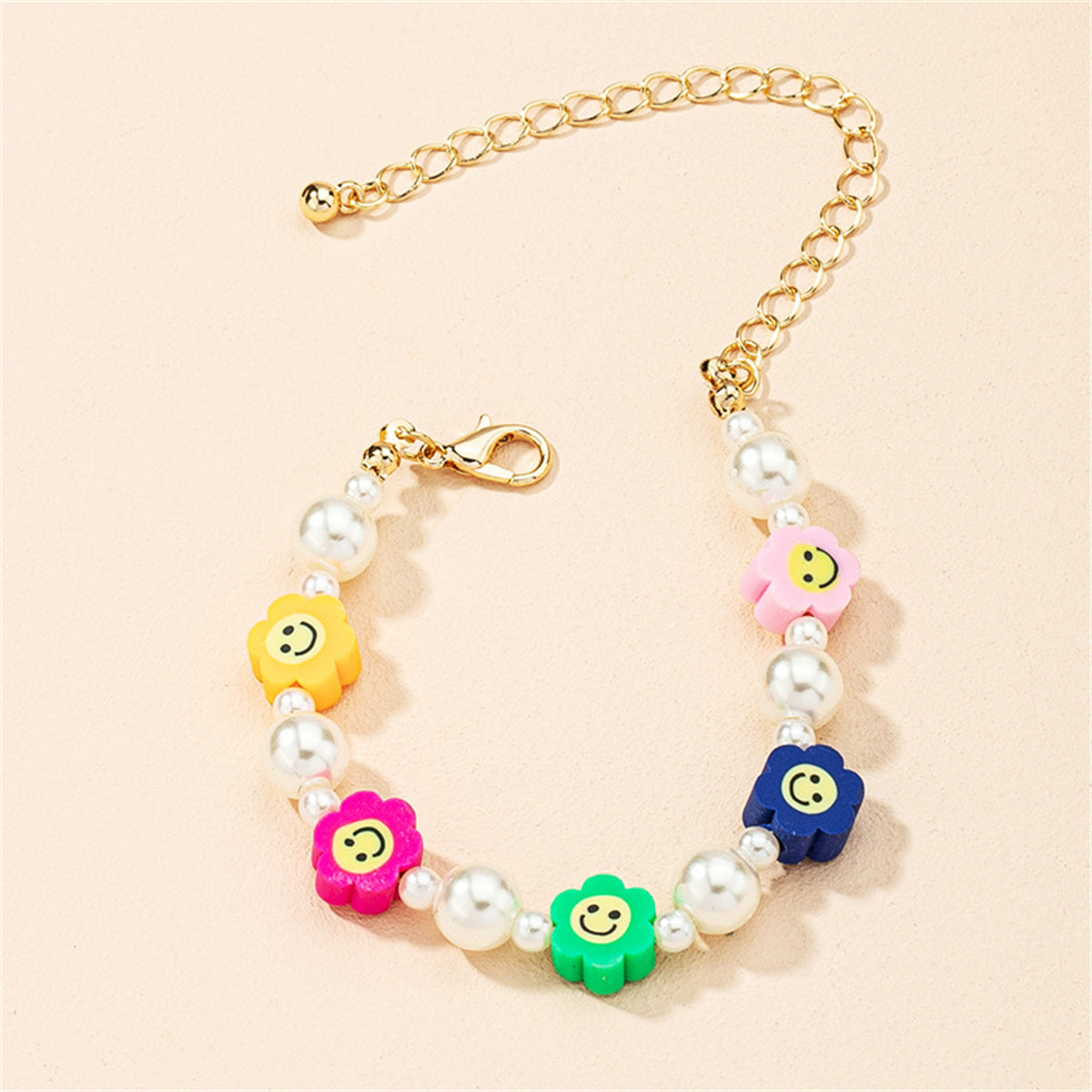 Multicolor Polymer Clay and Pearl Smiley Station Bracelet, bracelet for women, dainty minimalist design, front view