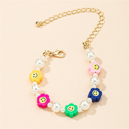 Multicolor Polymer Clay and Pearl Smiley Station Bracelet, bracelet for women, dainty minimalist design, front view
