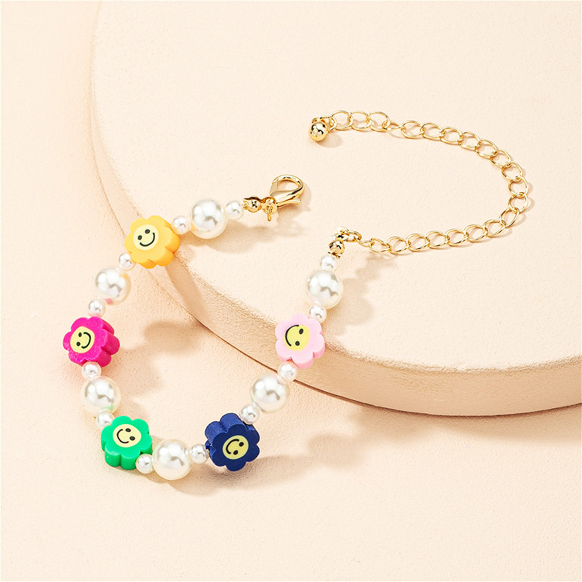 Multicolor Polymer Clay and Pearl Smiley Station Bracelet, bracelet for women, dainty minimalist design, side view