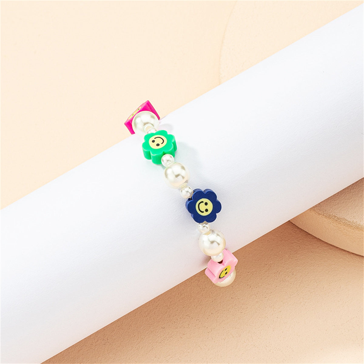Multicolor Polymer Clay and Pearl Smiley Station Bracelet, bracelet for women, dainty minimalist design, detail close-up