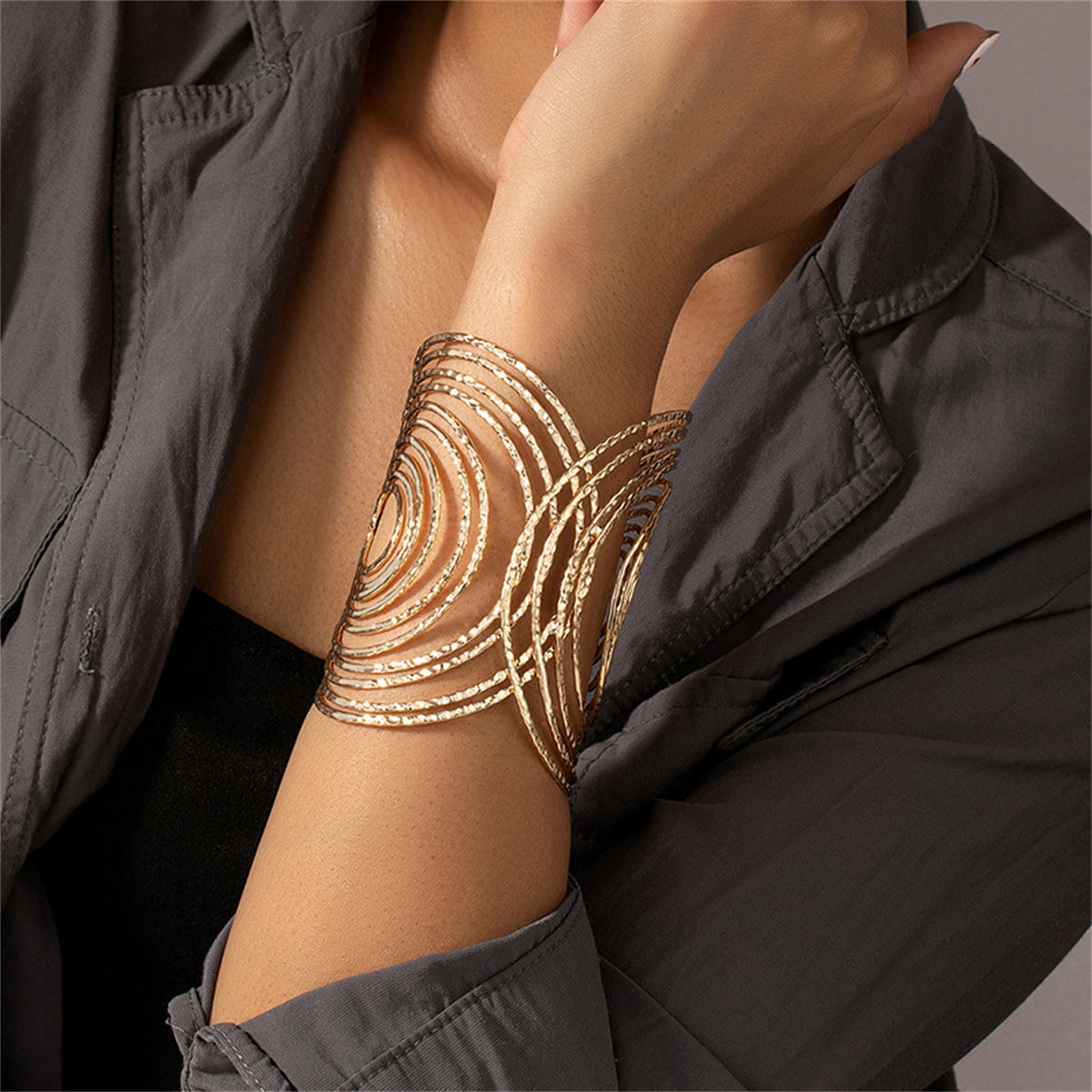 18K Gold-Plated Textured Vortex Cuff, gold bracelet for women, everyday style, styled look