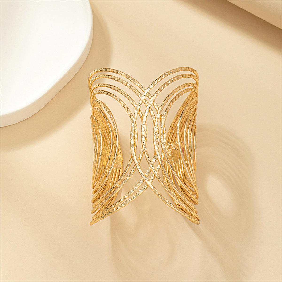 18K Gold-Plated Textured Vortex Cuff, gold bracelet for women, everyday style, detail close-up