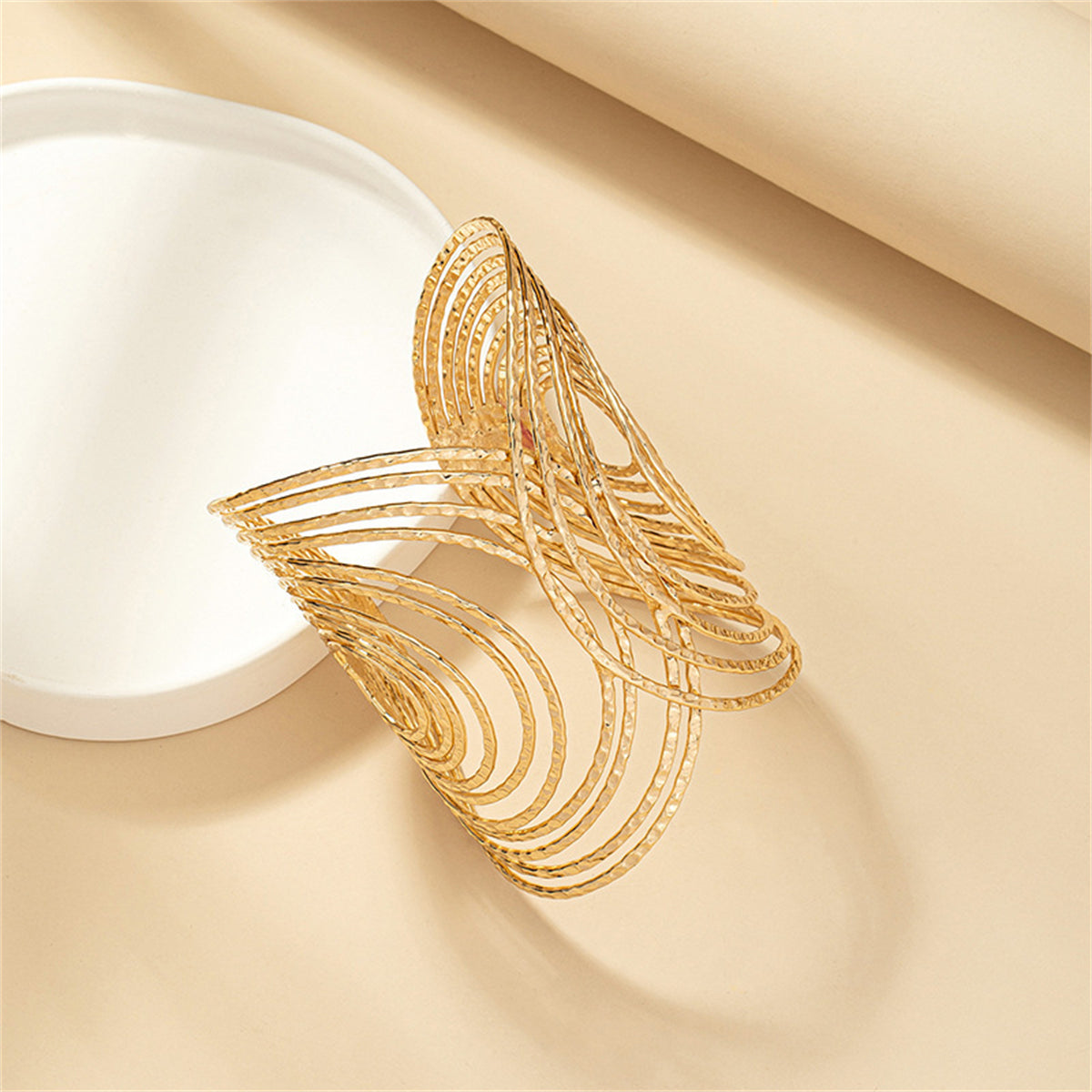 18K Gold-Plated Textured Vortex Cuff, gold bracelet for women, everyday style, side view