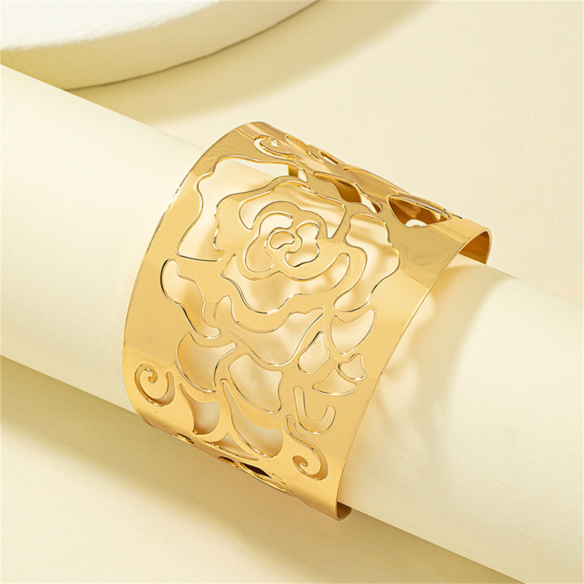 18K Gold-Plated Openwork Lotus Cuff, gold bracelet for women, everyday style, detail close-up