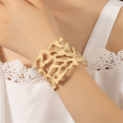 18K Gold-Plated Openwork Cuff, gold bracelet for women, botanical inspired, front view