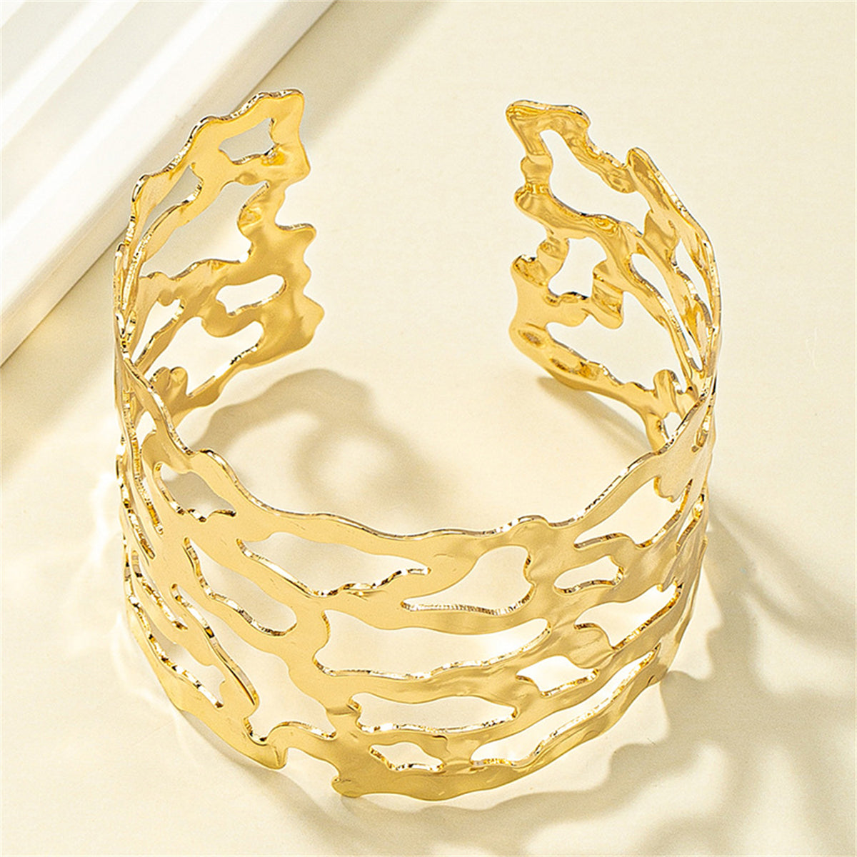 18K Gold-Plated Openwork Cuff, gold bracelet for women, botanical inspired, side view