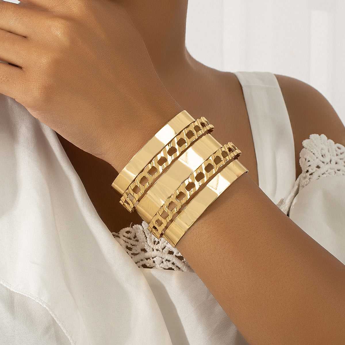 18K Gold-Plated Figaro Layered Wrap Cuff, gold bracelet for women, elegant gift for her, front view