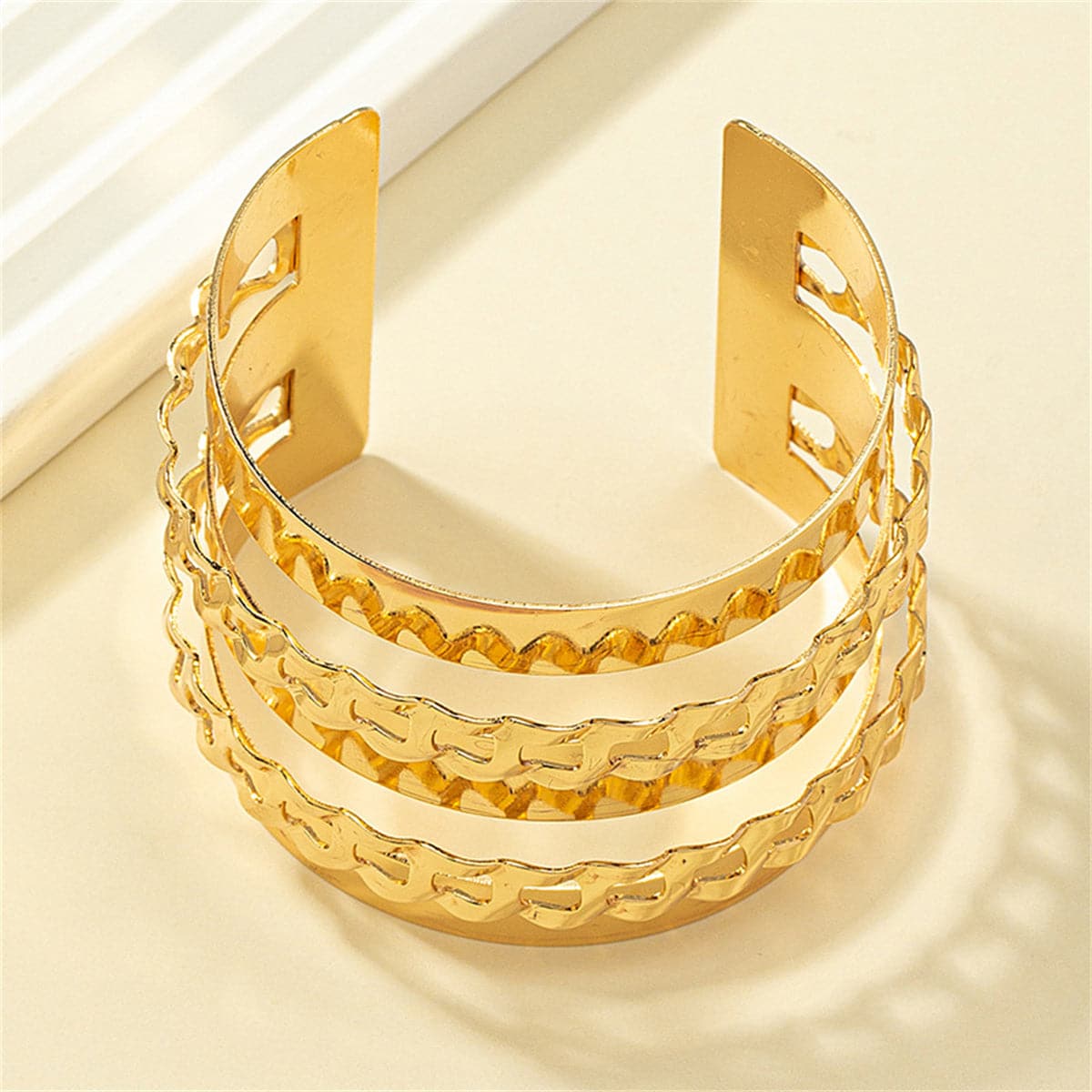 18K Gold-Plated Figaro Layered Wrap Cuff, gold bracelet for women, elegant gift for her, detail close-up