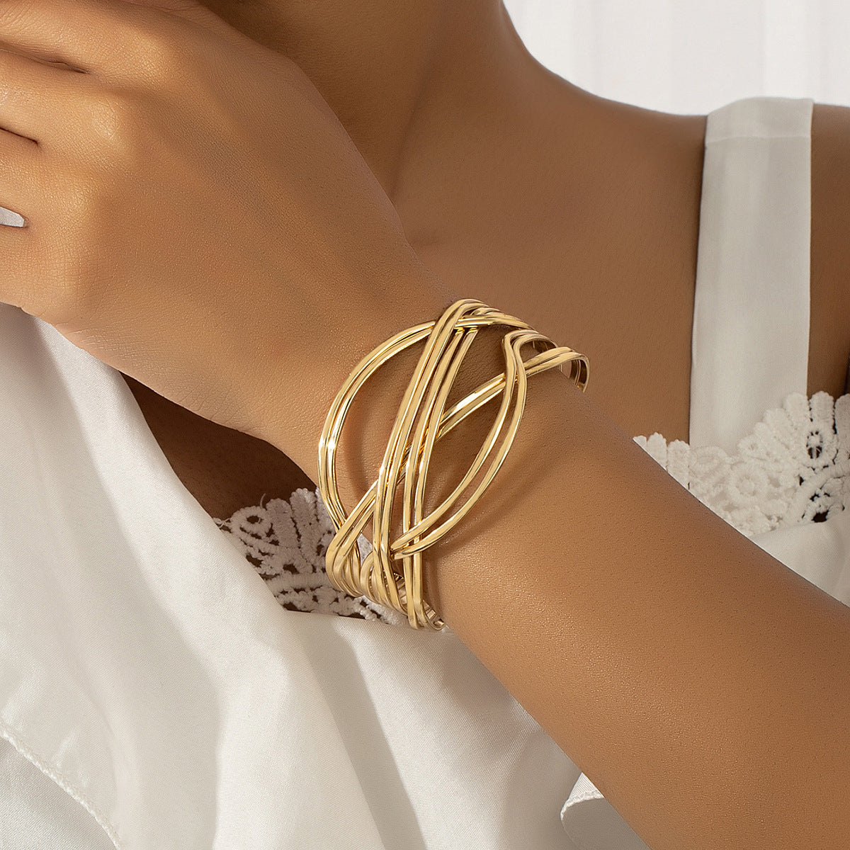 18K Gold-Plated Crossing Lines Cuff, gold bracelet for women, everyday style, front view