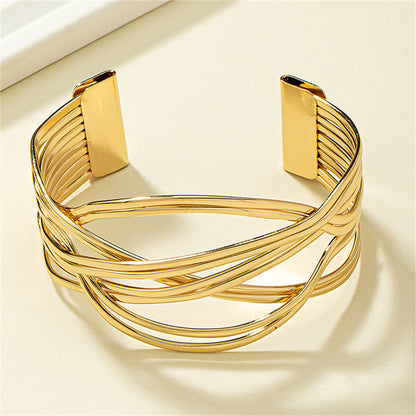 18K Gold-Plated Crossing Lines Cuff, gold bracelet for women, everyday style, lifestyle look