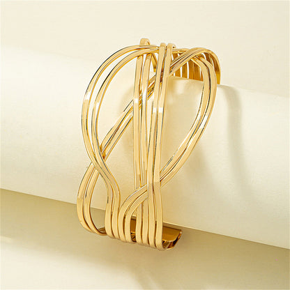 18K Gold-Plated Crossing Lines Cuff, gold bracelet for women, everyday style, detail close-up