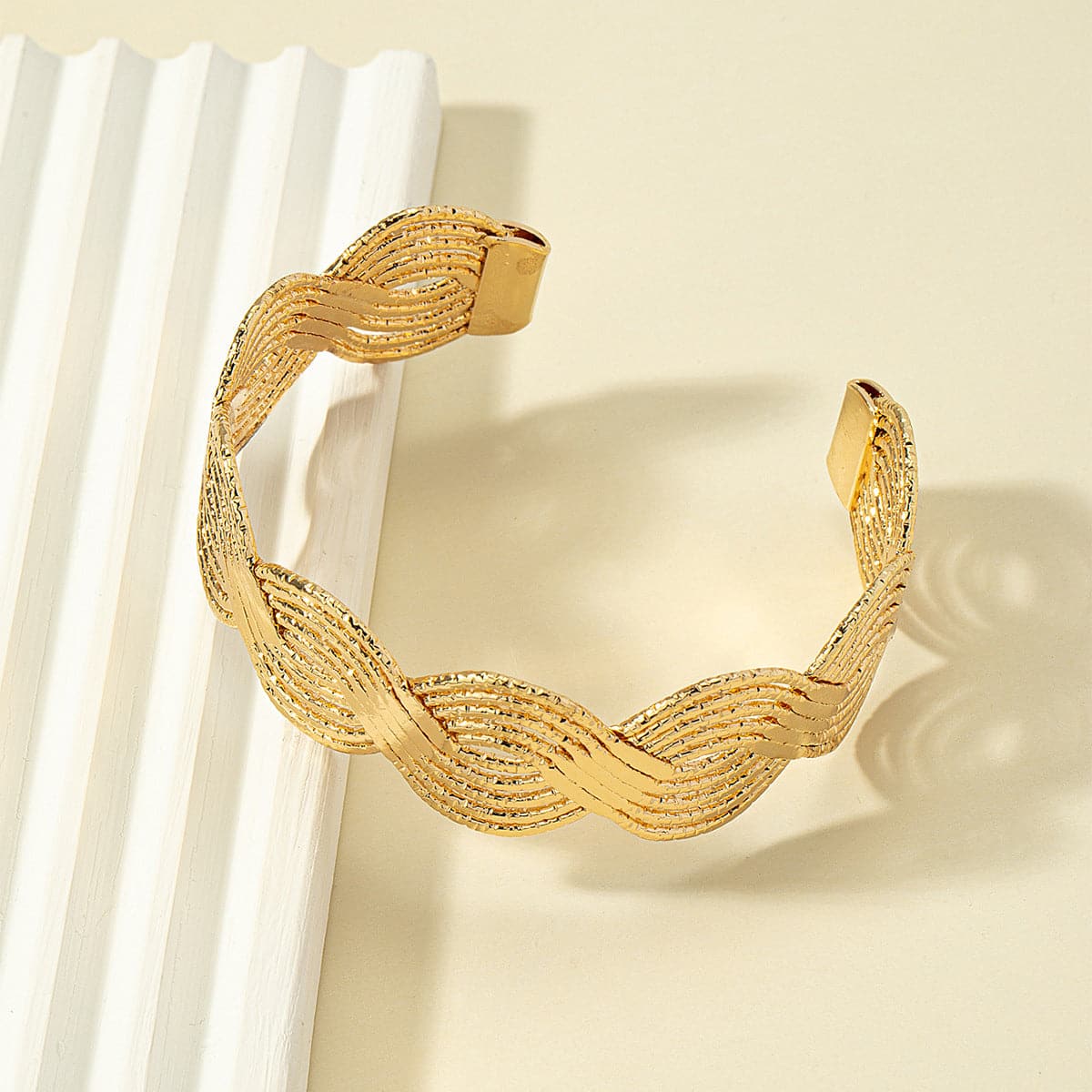 18K Gold-Plated Wave Pattern Cuff, gold bracelet for women, everyday style, side view