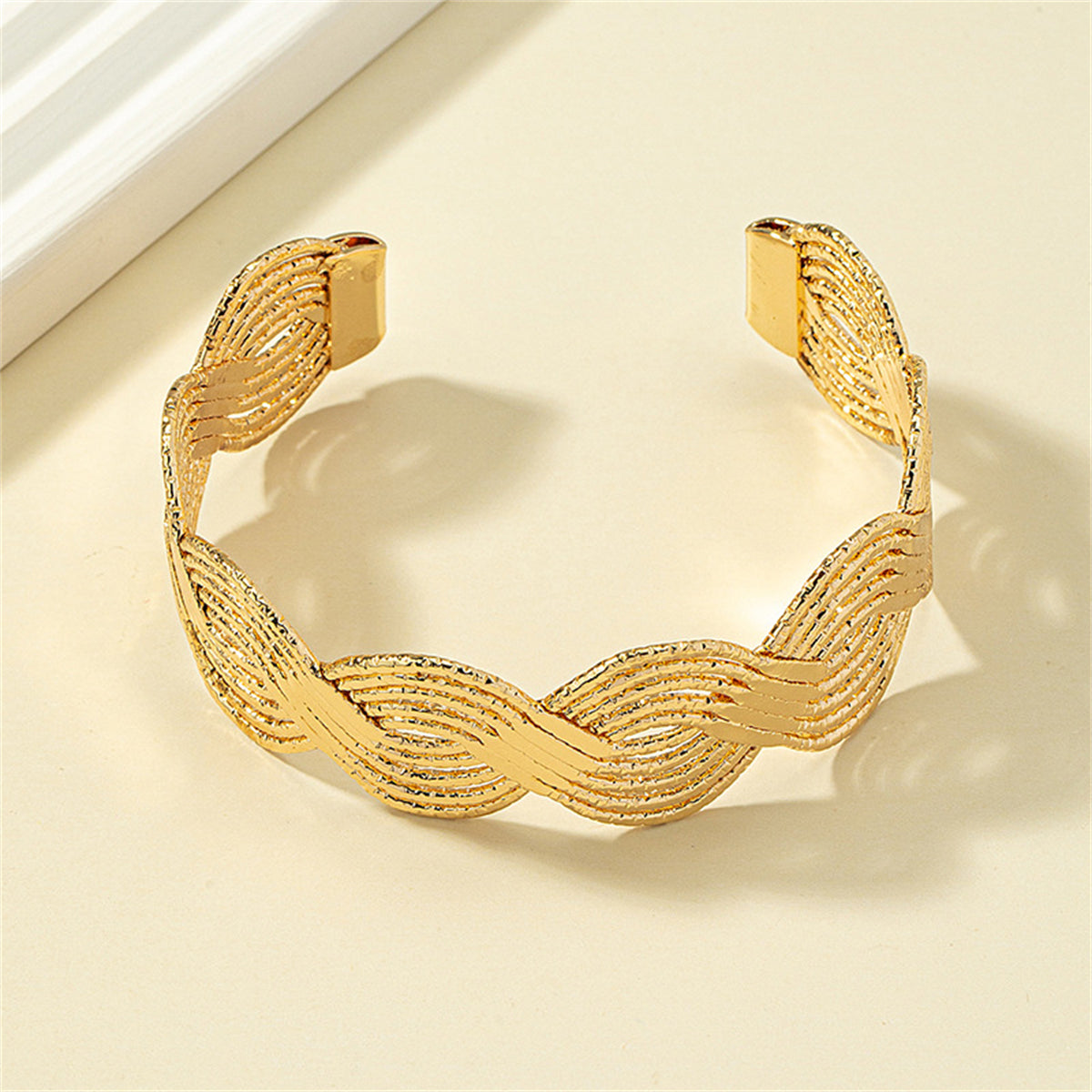 18K Gold-Plated Wave Pattern Cuff, gold bracelet for women, everyday style, detail close-up