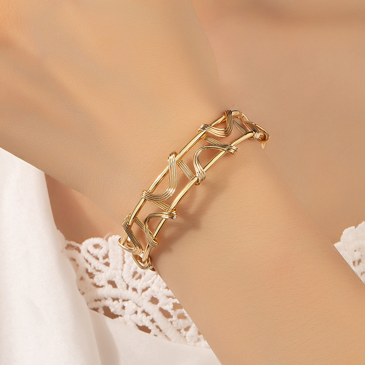 18K Gold-Plated Rattan Cuff, gold bracelet for women, everyday style, front view