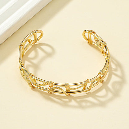 18K Gold-Plated Rattan Cuff, gold bracelet for women, everyday style, side view