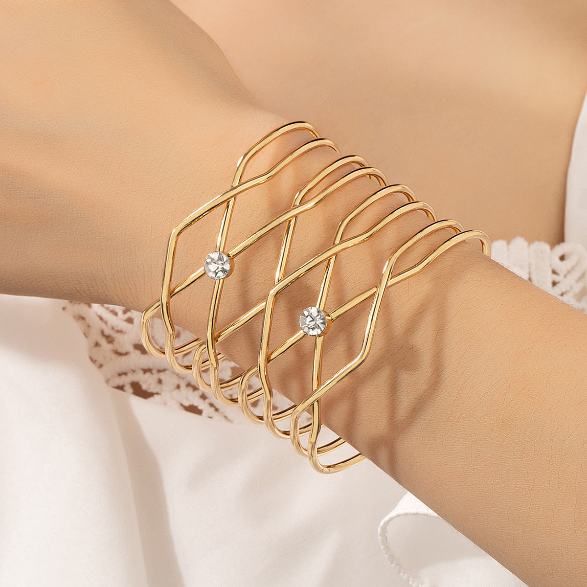 Cubic Zirconia and 18K Gold-Plated Crossing Cuff, gold bracelet for women, elegant gift for her, front view