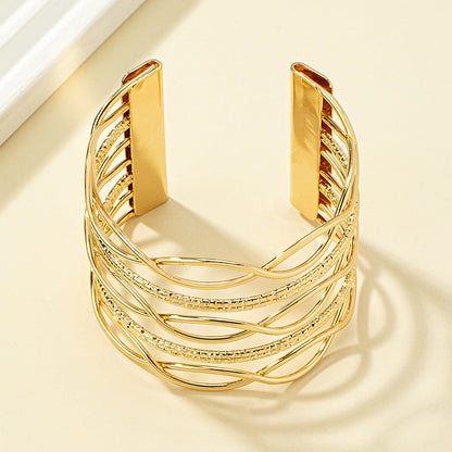 18K Gold-Plated Textured Heartbeat Layered Cuff, gold bracelet for women, vintage-inspired design, lifestyle look