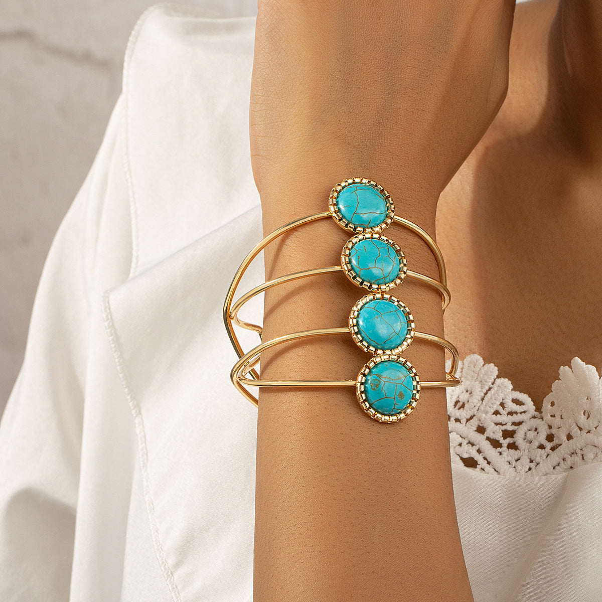 Turquoise & 18K Gold-Plated Four-Layer Cuff