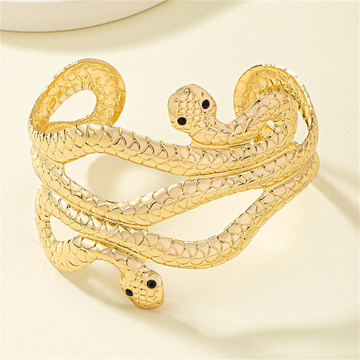 Cubic Zirconia and 18K Gold-Plated Snake Cuff, gold bracelet for women, everyday style, detail close-up