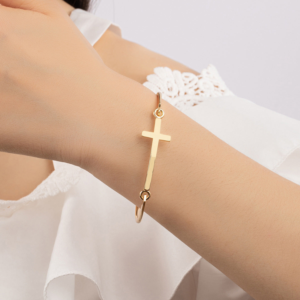 18K Gold-Plated Cross Bangle, gold bangle bracelet, vintage-inspired design, front view