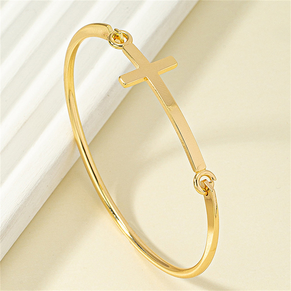 18K Gold-Plated Cross Bangle, gold bangle bracelet, vintage-inspired design, lifestyle look