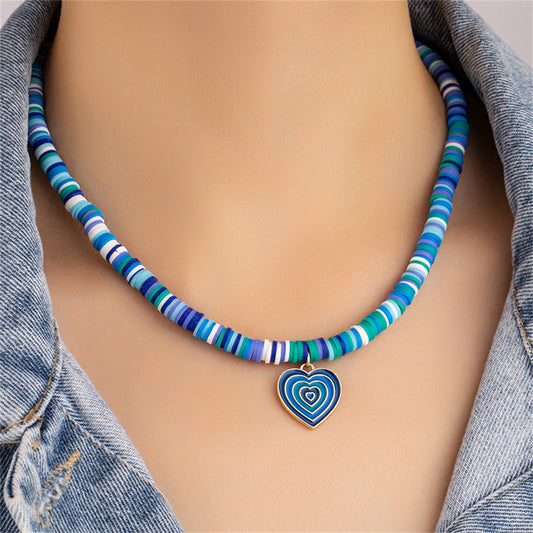 Blue Polymer Clay and 18K Gold-Plated Heart Pendant Necklace, gold pendant necklace for women, front view