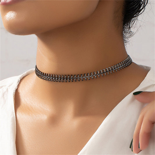 Black Fishbone Choker Necklace, chunky choker necklace, botanical inspired, front view
