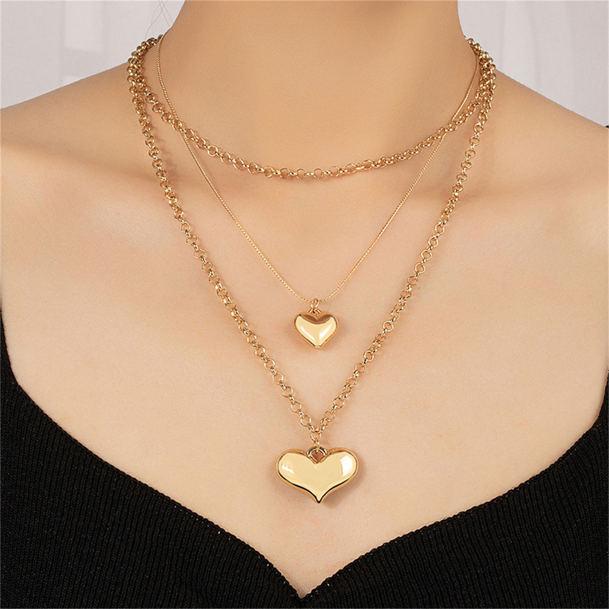 18K Gold-Plated Heart Layered Pendant Necklace, gold pendant necklace for women, vintage-inspired design, styled look