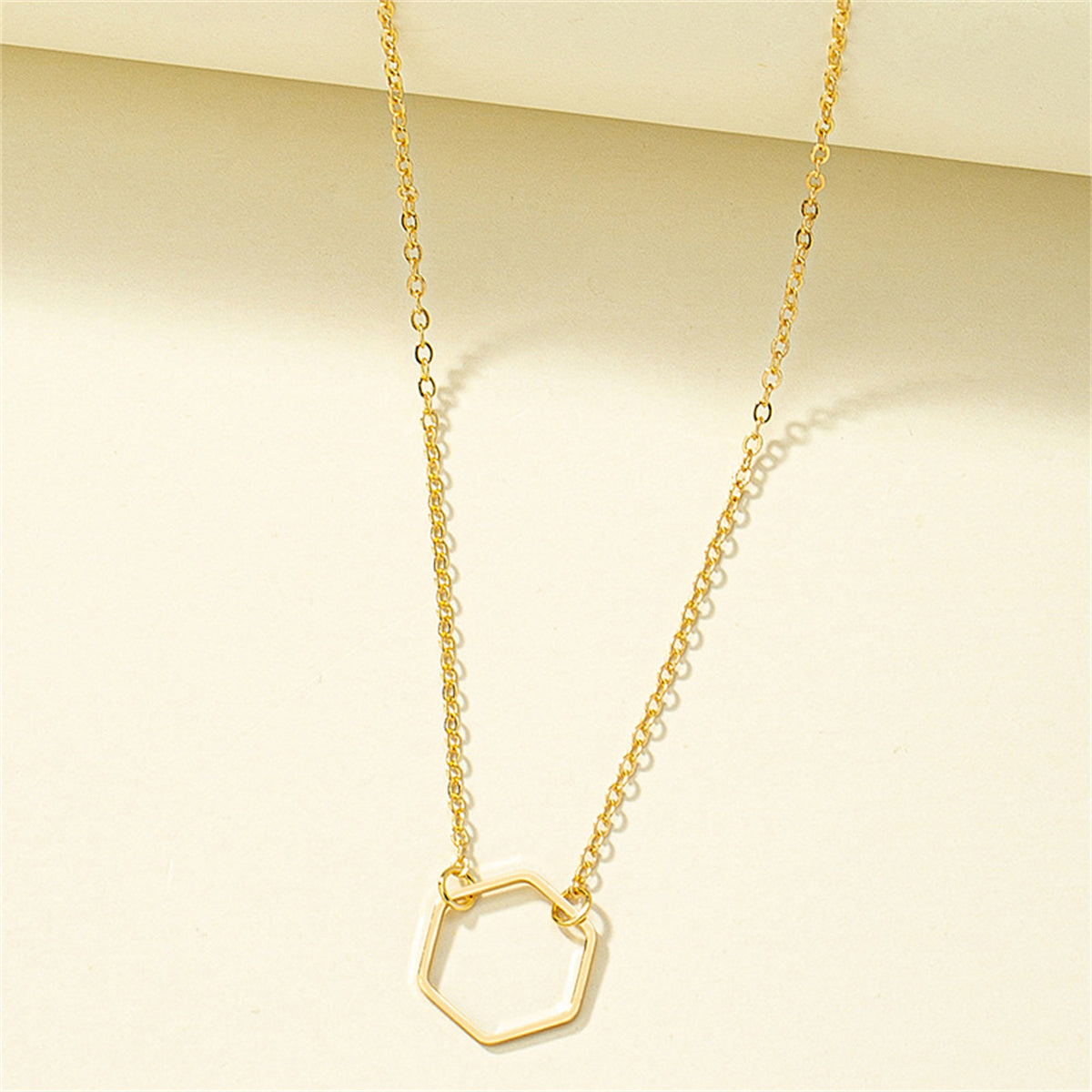 18K Gold-Plated Open Hexagon Pendant Necklace, gold pendant necklace for women, elegant gift for her, detail close-up