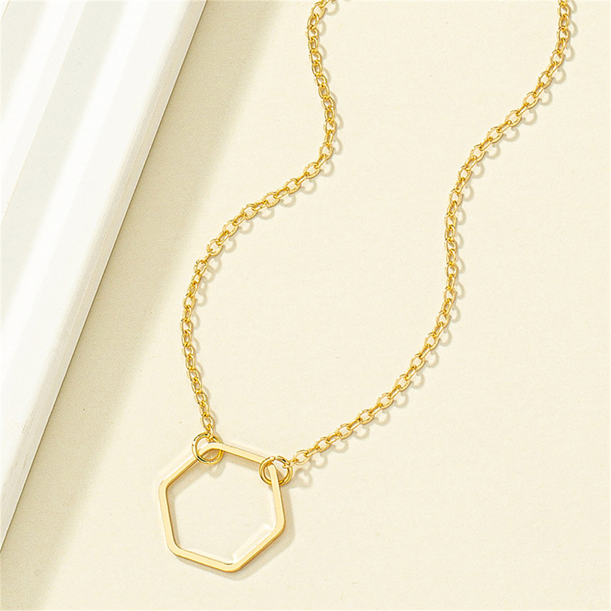 18K Gold-Plated Open Hexagon Pendant Necklace, gold pendant necklace for women, elegant gift for her, side view