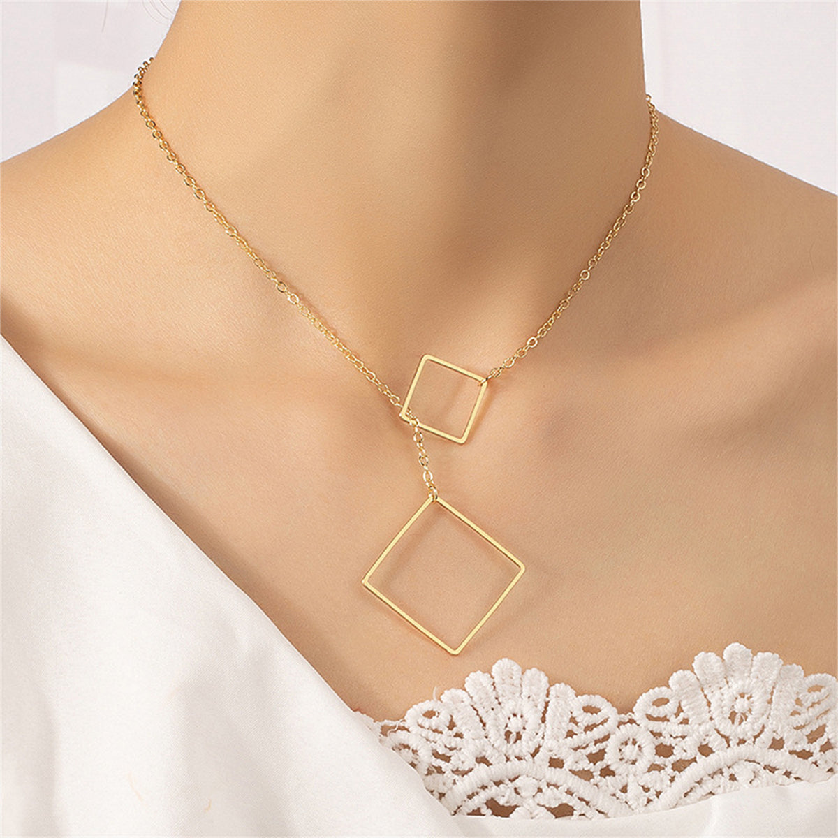 18K Gold-Plated Open Square Lariat Necklace, gold pendant necklace for women, botanical inspired, styled look