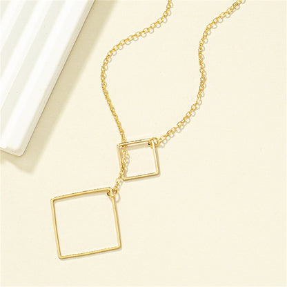 18K Gold-Plated Open Square Lariat Necklace, gold pendant necklace for women, botanical inspired, detail close-up