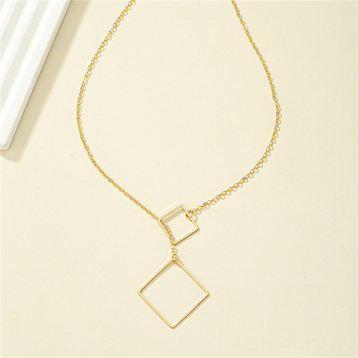 18K Gold-Plated Open Square Lariat Necklace, gold pendant necklace for women, botanical inspired, lifestyle look