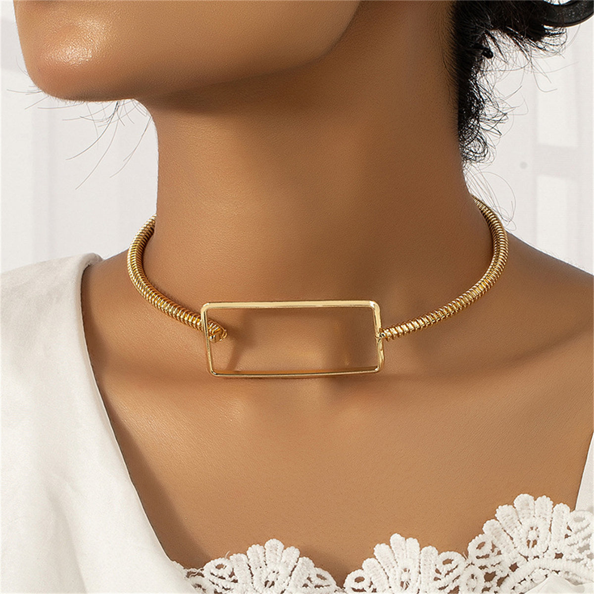 18K Gold-Plated Openwork Rectangle Choker Necklace