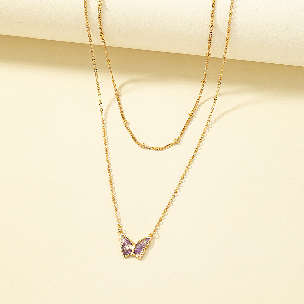 Flower & Resin 18K Gold-Plated Butterfly Pendant Layered Necklace