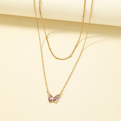 Flower & Resin 18K Gold-Plated Butterfly Pendant Layered Necklace