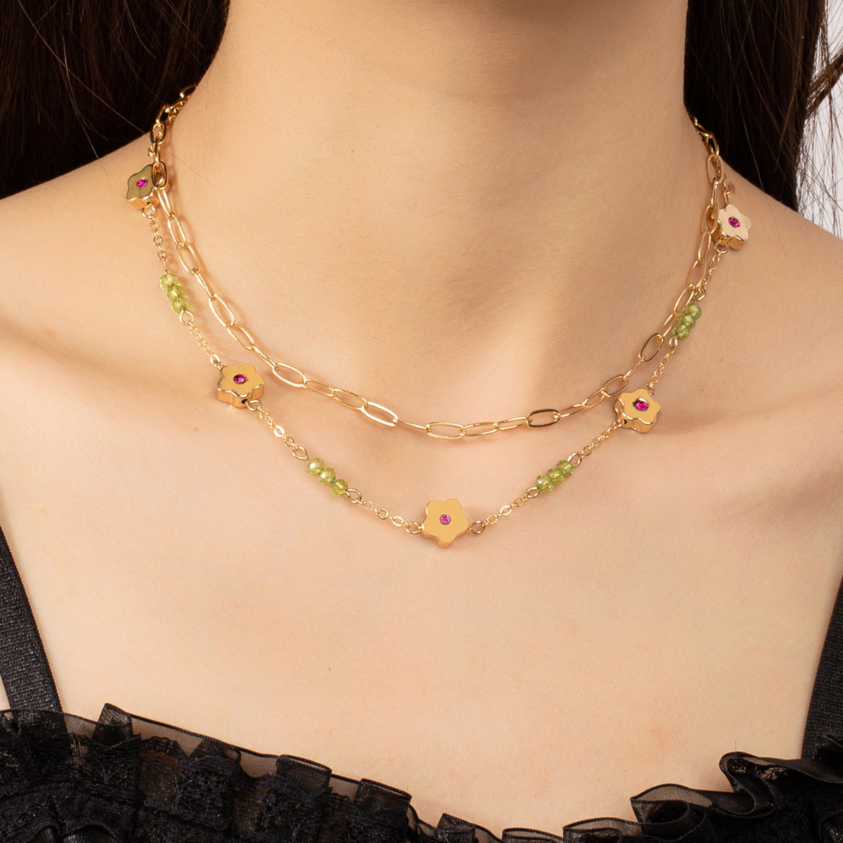 Cubic Zirconia & 18K Gold-Plated Flower Layered Necklace