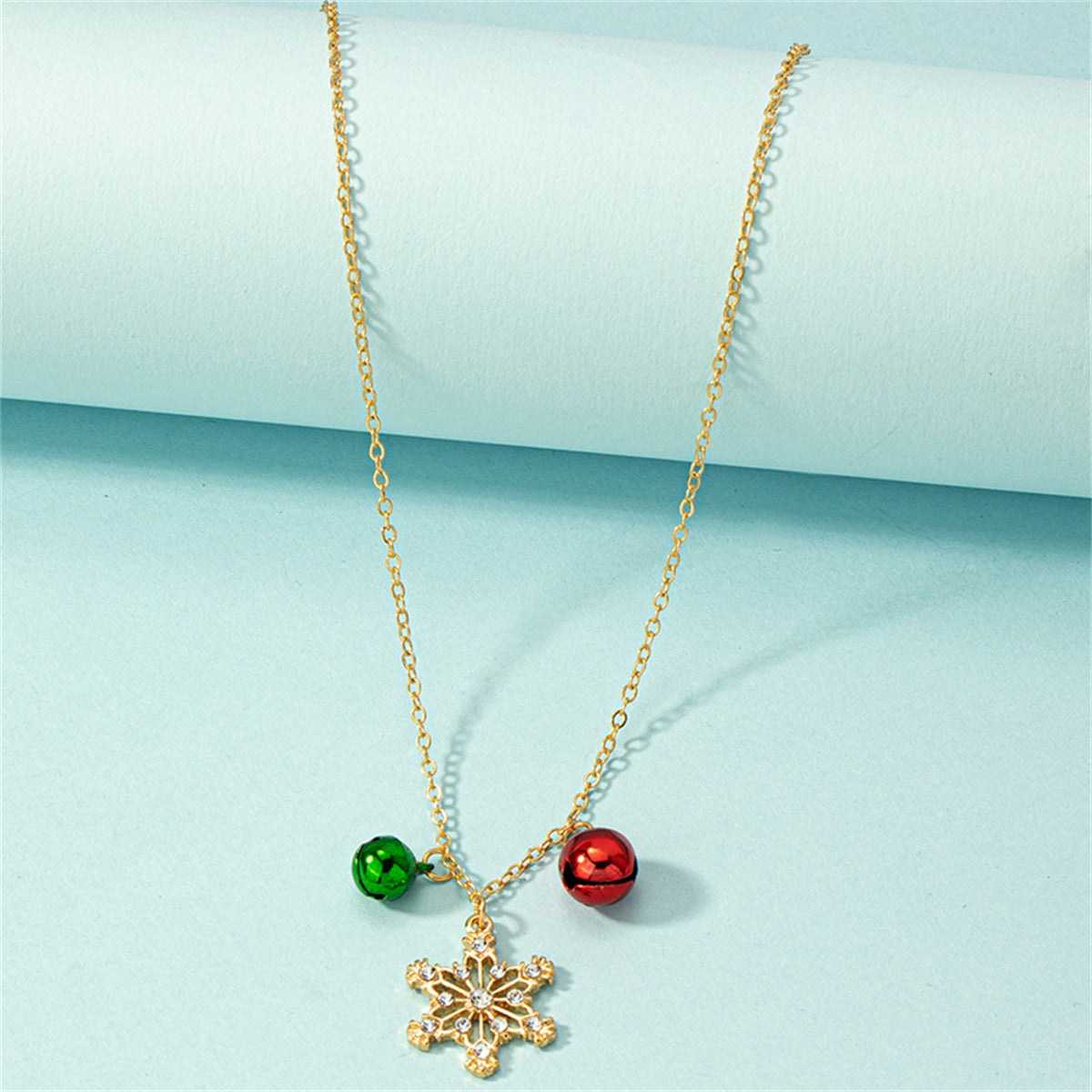 Cubic Zirconia and 18K Gold-Plated Snowflake Bell Pendant Necklace, gold pendant necklace for women, side view