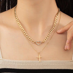 Cubic Zirconia & 18K Gold-Plated Heart & Cross Layered Pendant Necklace