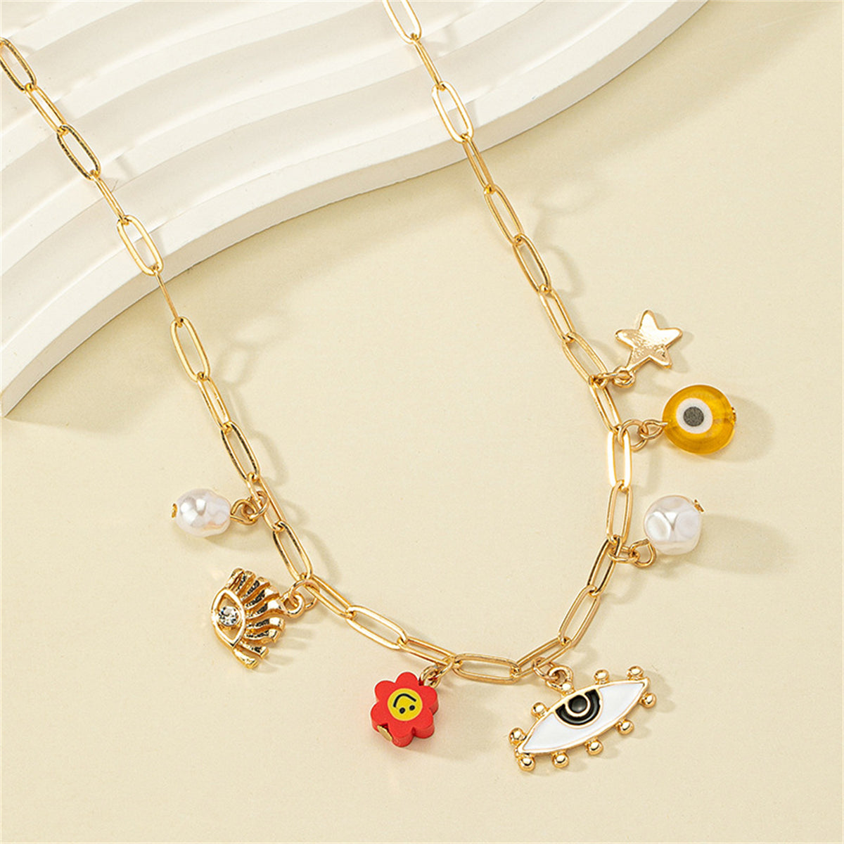 Pearl & Acrylic 18K Gold-Plated Evil Eye Pendant Necklace