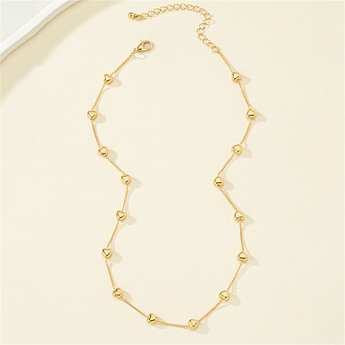 18K Gold-Plated Heart Station Necklace, gold pendant necklace for women, elegant gift for her, side view